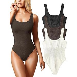 Gursac Dames 3-delige geribbelde bodysuit set - sexy vierkante hals shapewear tanktops - afslankend en naadloos bodysuit (kleur: zwart donkerbruin beige, maat: L)