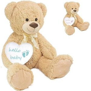 BRUBAKER XXL Teddybeer Beige 100 cm met ""hallo baby"" Hartje Blauw - Knuffeldier Cadeau voor Geboorte, Baby Shower en Pasgeboren Jongens - Zacht Speelgoed met Hartkussen Lichtblauw en Lint