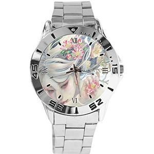 Olieverfschilderijen Meisje Mode Dames Horloges Sport Horloge Voor Mannen Casual Rvs Band Analoge Quartz Horloge, Zilver, armband