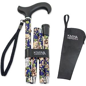 KMINA PRO wandelstok, dames bloemen, elegant aluminium, hoogte verstelbaar, heren herstelbaar, blauw opvouwbaar