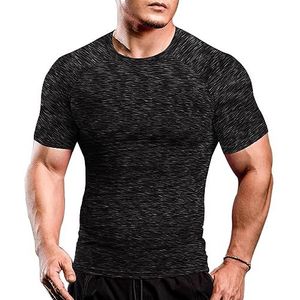 Heren Skinny Tight Compressie Basislaag T-shirt met korte mouwen Bodybuilding Tops Nylon en Spandex Zwart grijs Large