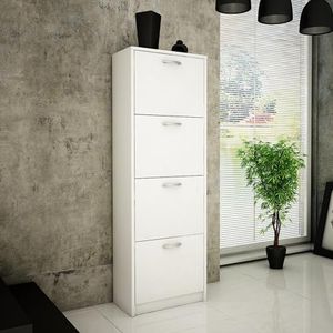 Schoenenkast met 4 opklapbare laden, schoenenrek met 4 vakken, zachte afgeronde randen, 50 cm breed, gelamineerde plaat, mat oppervlak, ruimtebesparende schoenenopslag, wit
