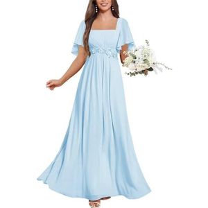 KIYNE Chiffon bruidsmeisjesjurken met mouwen kanten applicatie A-lijn vierkante hals formele avondjurk, Lichtblauw, 32