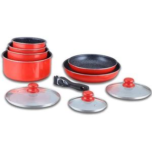 HG-5000, inductiekookset, set met pan en pan voor alle warmtebronnen, kookset van steencoating met afneembaar handvat, 10-delig, rood