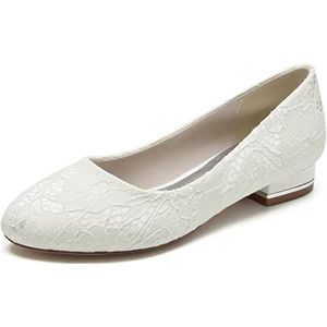Ronde neus Kant Bruiloft Flats voor Bruid Witte Trouwschoenen Lage Hakken Bruids Flats Slip On Party Dress Pumps voor Vrouwen,ivoor,36 EU