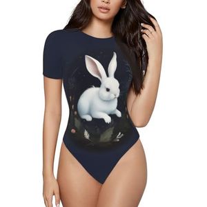 ELSMZXZD Bodysuit met korte mouwen voor dames - schattig wit konijn bedrukt ronde hals bodysuit, rekbaar T-shirt top, casual slim fit turnpakje, 3 D, S