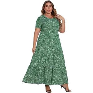 Women's Dresses Round Neck Floral Print Short Sleeve Plus size Casual Ruffle High Waist A-Line Long Dresses (Color : Green, 32-33, 3435, 36-37, 38-39, 40-41, 42-43, 44-45, 46-47 : 5XL)
