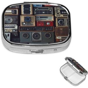 Pillendoos Vintage Muur van Radio Boombox Vierkante Pil Case voor Portemonnee & Pocket 2 Compartiment Geneeskunde Pil Organizer Draagbare Reizen Pillendoos Geneeskunde Vitamine Kabeljauw Leverolie