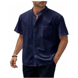Linnen Overhemd Henley-casual Overhemd Met Korte Mouwen For Heren Casual Lichtgewicht Overhemden Lichtgewicht Zomershirt For Op Het Strand(Color:Dark blue,Size:M)