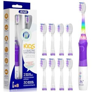 Seago Elektrische tandenborstel voor kinderen vanaf 3 - 12 jaar, kindertandenborstels, elektrisch met gekleurd licht, smart timer, 8, zachte borstelkoppen, waterdicht, ultrasone babytandenborstel