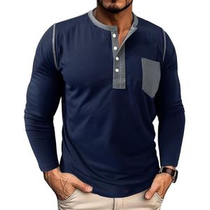 Heren casual poloshirt met lange mouwen, katoenen T-shirt met knoopjes, mode herfst winter basic T-shirts, tops met knoopjes(Navy blue,3XL)