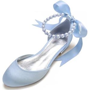 KYEGLO Satin Ballerina's Met Gesloten Neus Voor Bruiden, 2,5 Cm - Parelversiering, Enkelbandje, Elegante Trouwschoenen Voor Trouw- En Feestjurken,Lightblue,36 EU