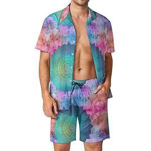 Vintage Mandela-patroon Hawaiiaanse bijpassende set voor heren, 2-delige outfits, button-down shirts en shorts voor strandvakantie