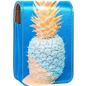 Draagbare Lipstick Case voor op reis,Mini Lipstick Opbergdoos met spiegel voor vrouwen dames, Lederen Cosmetische Pouch Blauw Gouden Ananas comosus, Meerkleurig, 9.5x2x7 cm/3.7x0.8x2.7 in