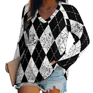 Argyle geruite preppy stijl nieuwigheid dames blouse tops V-hals tuniek t-shirt voor legging lange mouw casual trui