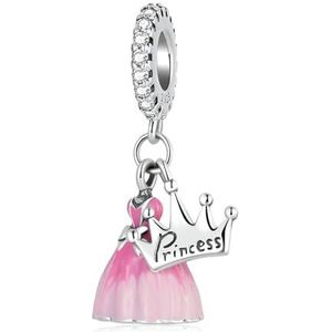 QANDOCCI FUNNALA Roze Prinsessenjurk Kroon Hangende Kraal 925 Zilver DIY Past voor Vrouwen Mode Bedels Armbanden Sieraden, Sterling zilver, Zirkonia