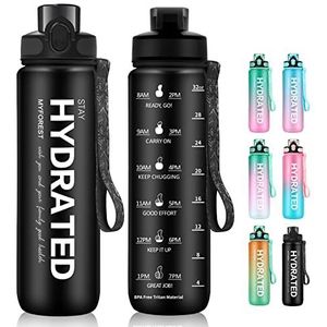 MYFOREST 1 liter drinkfles met rietje, 1 l sportwaterfles met tijdmarkeringen, 1000 ml gymnastiekfles voor fiets, camping, yoga, gym, kinderen, geschikt voor koolzuurhoudende dranken