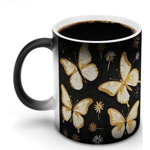 RKJVB 12oz Verkleuring Keramische Koffie Mok Goud Wit Vlinders Zwart Gedrukt Warmte Veranderende Koffie Cups met Handvat Grappige Mokken Nieuwigheid Gift voor Vrouwen Mannen