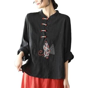 Retro Etnische Stijl Chinese Tops Dames Plus Size Los Casual Shirt Prachtig Borduurwerk Traditionele Hanfu-blouse (Color : Black, Size : XL)