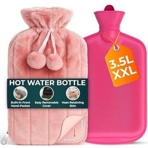 3,5L Grote Warmwaterkruik met Rits en Handzak - Roze Warmwaterkruik met Imitatiebont voor Pijnverlichting en Warmte - Zachte en Wasbare Warmwaterzak voor Warme en Koude Kompressen (1 Stuk)