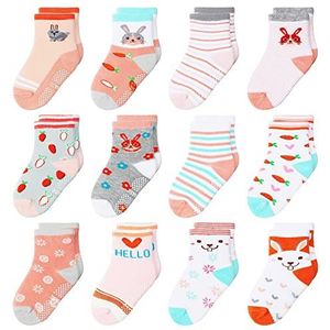 Peutersokken Meisjes 3-5 jaar Kindersokken met antislipgrepen 12 paar katoenen sokken met ronde hals, cadeau voor peuters (meerdere kleuren)