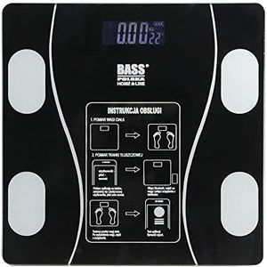 BASS, Personenweegschaal Met OKOK App En Vetmeting, Lichaamsvetschaal, Smart Fitness Schaal, BMI, Gewicht, Spiermassa, Water, Lichaamsanalyseschaal, 26.5x3.5x27 cm