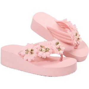 UBOHUZ Dames Flip Flops Bloem Decor Wedge Flip Flops Vrouw Lichtgewicht EVA Platform Slippers Zomer Dikke Zool Strand Slides Sandalen Voor Strand, Indoor, roze, 42 EU