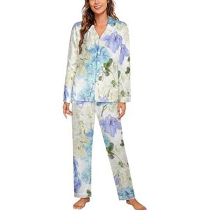 Blauwe hortensia pyjama met lange mouwen voor vrouwen, klassieke nachtkleding, nachtkleding, zachte pyjama's loungesets