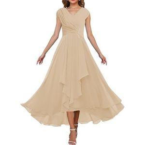 HPPEE Dames chiffon moeder van de bruid jurken ruches A-lijn V-hals lange formele jurk avondjurk, Champagne, 32