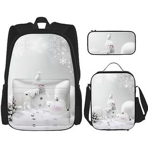 TyEdee Schooltassenset: rugzak met lunchbox, etui - stijlvolle duurzame schoolrugzakset -schattige alpaca's, Sneeuwman sterren en sneeuwbloemen, Eén maat, Schooltas Set
