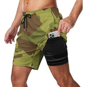 Middenvinger Camouflage Zwembroek voor heren, sneldrogend, 2-in-1 strandsportshorts met compressieliner en zak