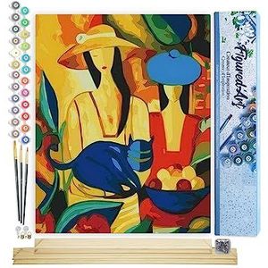 Figured'Art Schilderen op Nummer Volwassenen canvas Vrouwen en blauwe kat - Handwerk acrylverf Kit DIY Compleet - 40x50cm met DIY houten lijst
