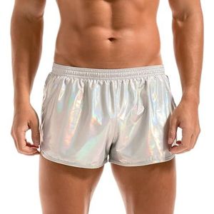 Amy Coulee Sexy boxershorts voor heren, glanzend metallic, korte glitterbroek, disco party, Helder zilver., S