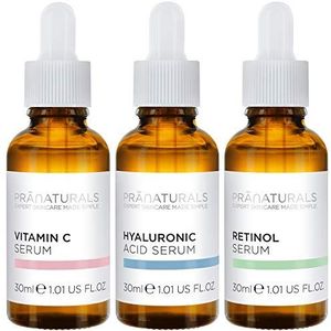 PraNaturals Skin Perfector Face Serums Kit 3x30ml, Hyaluronzuur, Retinol & Vitamine C, Huidverzorging Tegen Veroudering, Helpt fijne lijntjes en rimpels te verminderen, Verrijkt met natuurlijke oliën