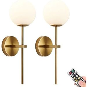 KEFA Gouden Batterij Werkende Wandkandelaars Set van 2, Moderne Globe Glazen Schaduw, geen Hardwired Messing Armatuur Verlichting, Batterij Aangedreven Dimbare Wandlampen, Niet Draad, voor Slaapkamer,