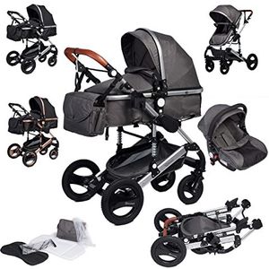 Bronea EXQUISE combi-kinderwagen 3-in-1 incl. matras | KLEURKEUZE | buggy, autobabyschaal, inklapbaar met luiertas, regenbescherming, muggenbescherming en zonwering, kleur: grijs/zilver