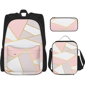 YsoLda Rugzakset, schooltas, boekentas, rugzak, 3-delige set met lunchtas, etui, roze-grijs, geometrisch, zoals afgebeeld, Eén maat