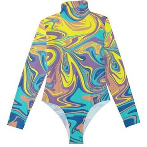 LI ZHI XIN Bodysuits voor dames, lange mouwen, eendelige jumpsuit met hoge hals, coltrui, turnpakje, top voor meisjes, dans, workout, fitness, bodysuit, artistieke graffitipatronen, geel, paars, blauw