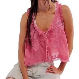 Strik vooraan Top Coquette Strik Linnen Shirt Linnen Strik Strik Vooraan Tanktop Ruffle Kant Blouse(Pink,L)