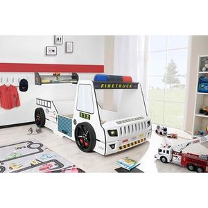 Aileenstore Brandweerbed voor kinderen, 90 x 200 cm, speelbed, kinderbed, Rio Firetruck, autobed, hoogglans, met LED-lamp (wit, met wandrek)