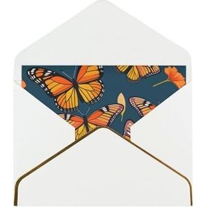 Stapels oranje monarchvlinders patroon bedrukte wenskaarten, prachtige blanco wenskaarten met enveloppen, grappige kaarten voor elke gelegenheid
