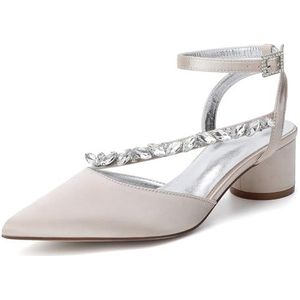 KYEGLO Dames Bruidsschoenen Met Strass-Steentjes, Gesloten Teen, Gesp En Enkelbandje, Satijnen Puntige Neus En Slingback-Hakken Voor Bruiden Op Avondfeesten,Champagne,36