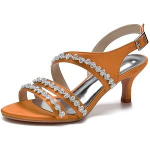 SYDZSW Naald Ivoor Satijn Bruidsschoenen Hoge Hakken Sandaal Hak Bruidsschoenen Bruidsband met Strass 35-43, Oranje, 43 EU