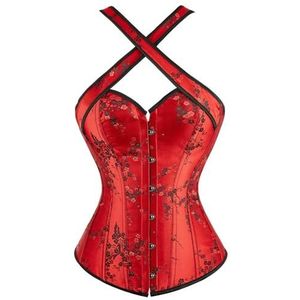 Steampunk Bandjes Overbuste Korset Met Cup Rits Sexy Jacquard Bloemen Corset Taille Cincher Bustier Lingerie Top Plus Size, 73019rood, M