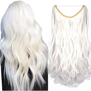 iLUU Secret Line Haarextensions, wit, synthetisch, golvend, onzichtbare draad, 45 cm, 80 g, vislijn, krullende haarverlengingen, #1001-sneeuwwitje voor vrouwen