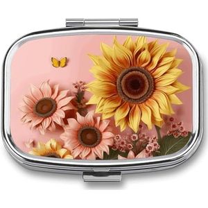 Grote zonnebloem pillendoos kleine metalen pillenetui voor portemonnee en zak 2 compartimenten pillenorganizer met spiegel reizen pillendoos medicijnkoffer draagbare pillencontainer uniek cadeau