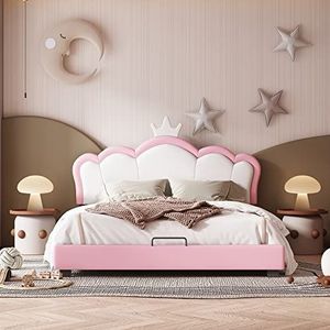 Kinderbed, gestoffeerd bed, 140 x 200 cm, met lattenbodems en rugleuning, meisjesbed met kroonvorm, roze (matras niet inbegrepen) (140 x 200 cm)