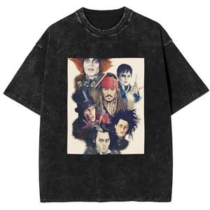 Johnny Actor Depp T-shirt Washed Vintage Shirt Print Ronde hals Tops Tee Korte Mouw T-shirt voor Mannen, Vrouwen, 5 Maten, Zwart, S