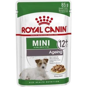 Royal Canin Mini Ageing 12+, 12 x 85 g, complete voeding voor oudere honden van kleine rassen, kan helpen de niergezondheid van honden te ondersteunen, in saus