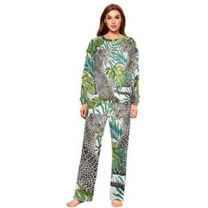 YOUJUNER Pyjama sets voor vrouwen, luipaard tropische bladeren winter warme nachtkleding zomer loungewear set pyjama nachtkleding set, Meerkleurig, L